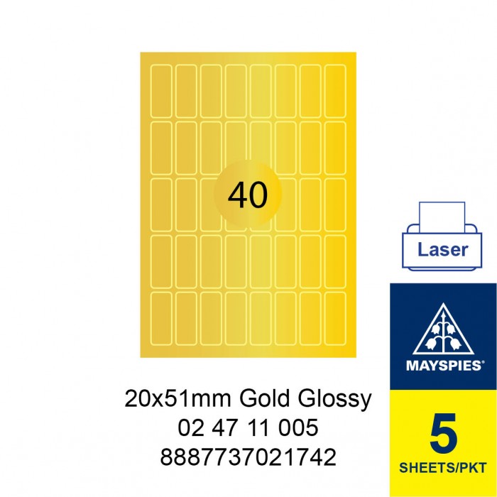 MAYSPIES 02 47 11 005 PREMIUM COLOR LASER LABEL / 5 SHEETS/PKT GOLD GLOSSY 20X51MM